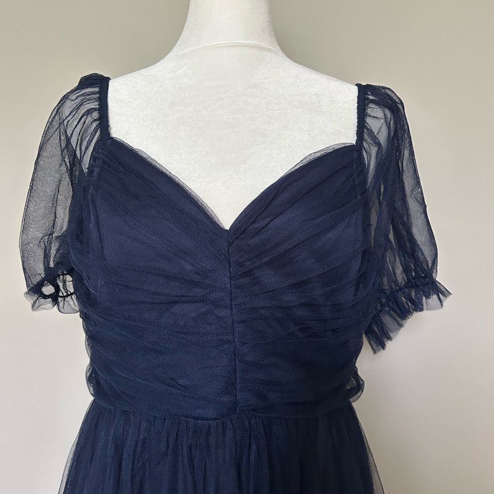 Lulus Romantic Navy Tulle Pleated Puff Sleeve Midi Dress Medium New with Tag - Picture 3 of 13